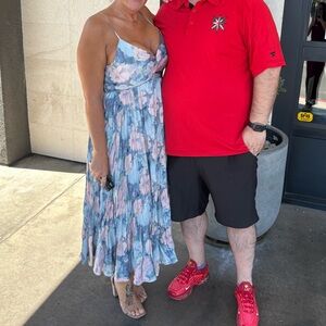 Astr Blue and Pink Floral Midi Pleated Dress with Adjustable Straps Size L